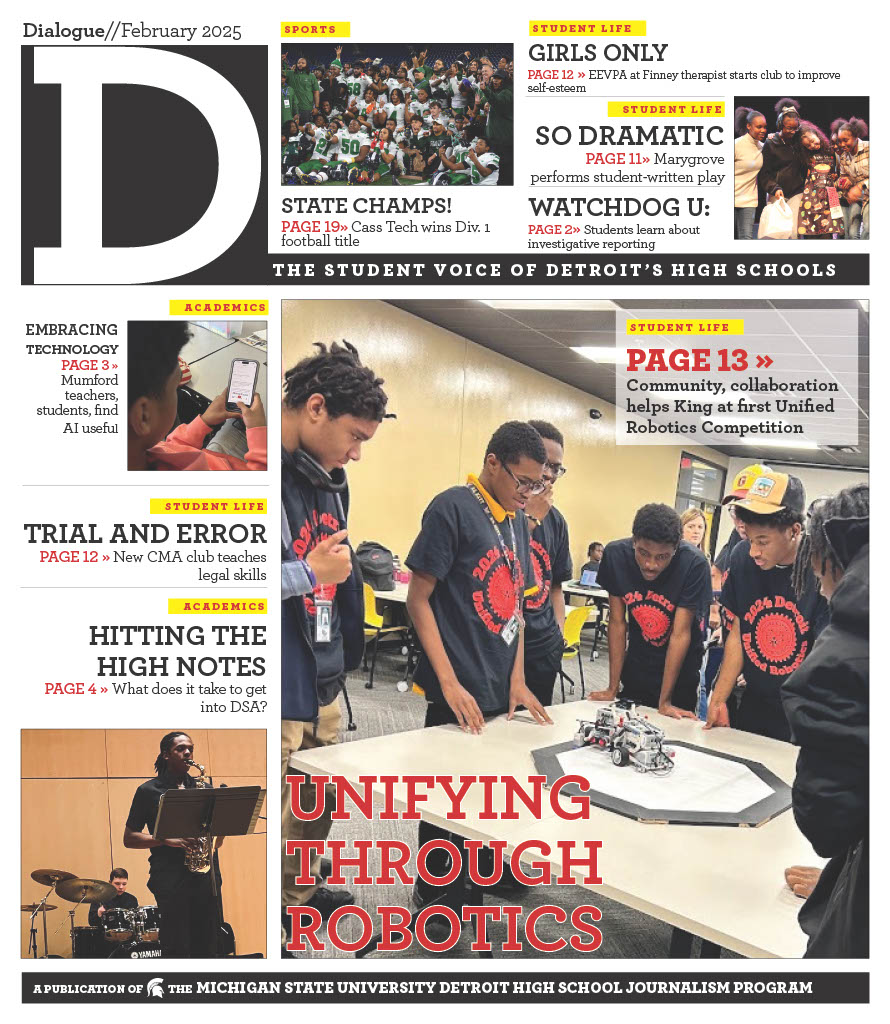 Front page of Detroit Dialogue designed, by Kira Gendjar.